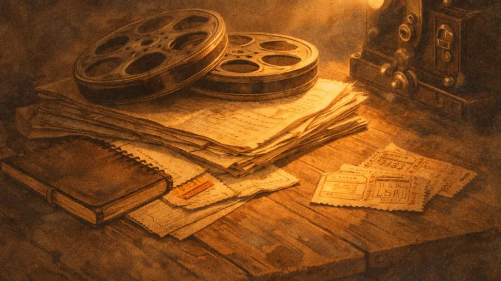 पुरानी फ़िल्मी स्क्रिप्ट्स और रीलों के साथ रखा प्रोजेक्टर, सिनेमा की जानी-पहचानी कहानियों पर भरोसे का प्रतीक