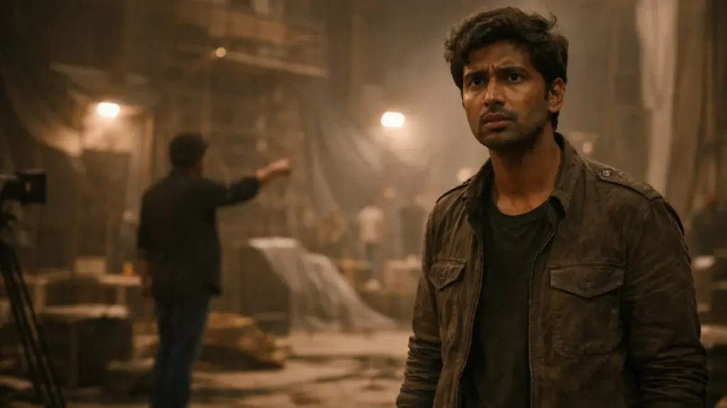 अधूरे फिल्म सेट में खड़ा उलझा हुआ बॉलीवुड अभिनेता