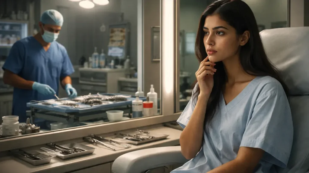 कॉस्मेटिक क्लिनिक में सर्जरी से पहले आईने में खुद को सोचती एक लड़की