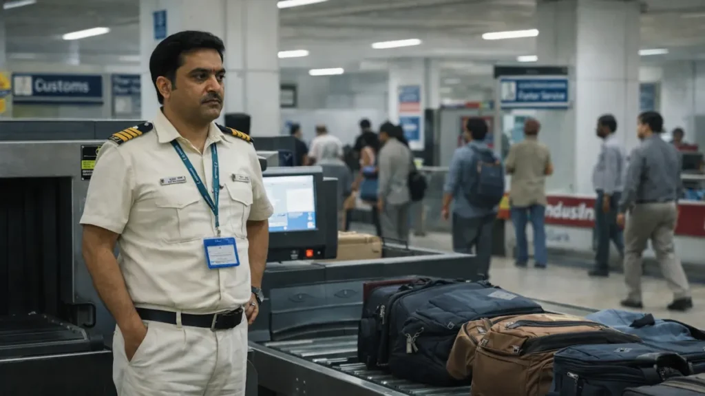 एयरपोर्ट पर कस्टम अफसर बैगेज स्कैनर के पास सतर्क निगाह से ड्यूटी करता हुआ