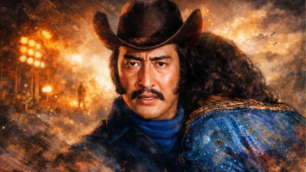 काउबॉय हैट में डैनी डेन्ज़ोंगपा का इंटेंस सिनेमैटिक इलस्ट्रेशन