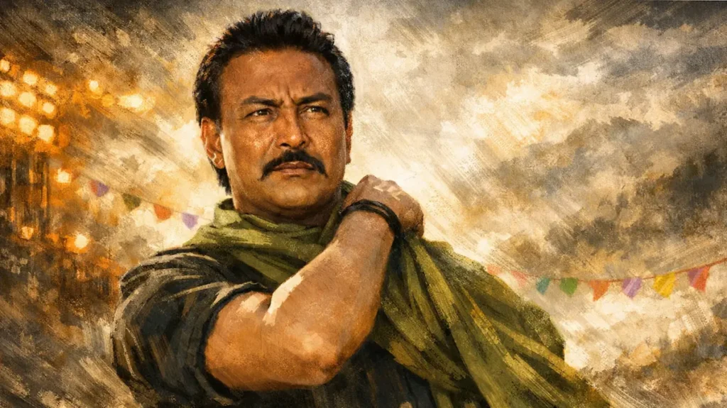 डैनी डेन्ज़ोंगपा का गंभीर भाव वाला सिनेमैटिक इलस्ट्रेशन