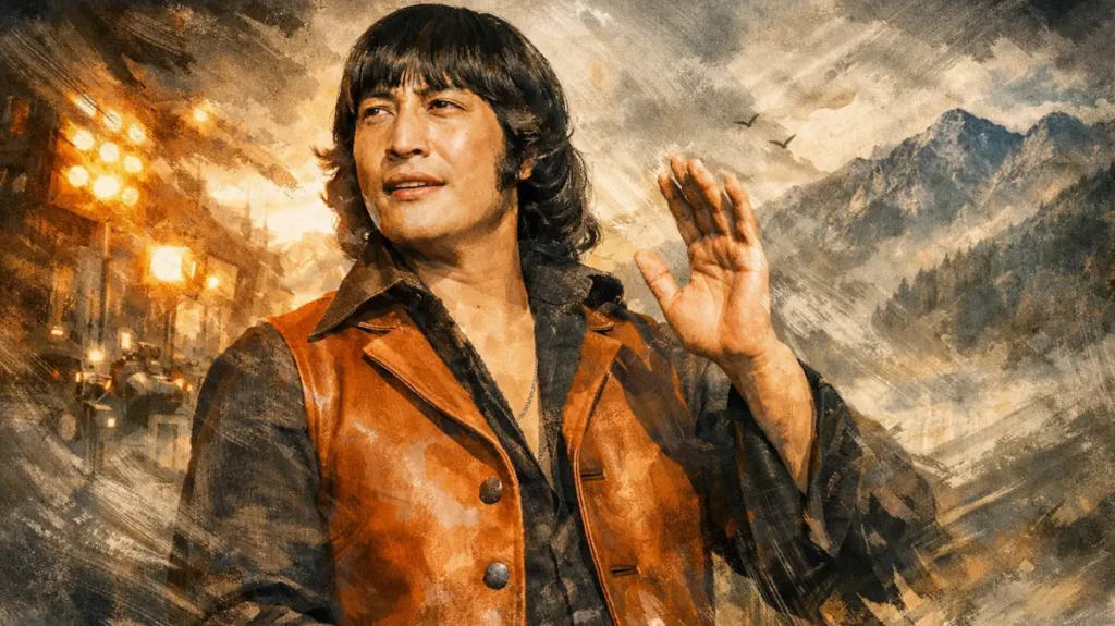 पहाड़ी पृष्ठभूमि में डैनी डेन्ज़ोंगपा का सिनेमैटिक इलस्ट्रेशन