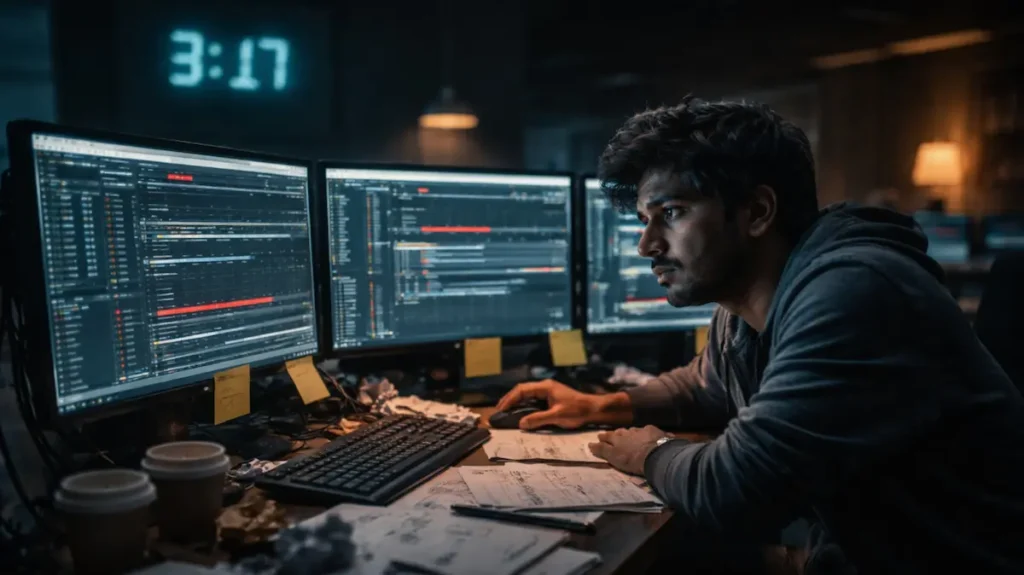 थका हुआ वीएफएक्स आर्टिस्ट रात में काम के दबाव में