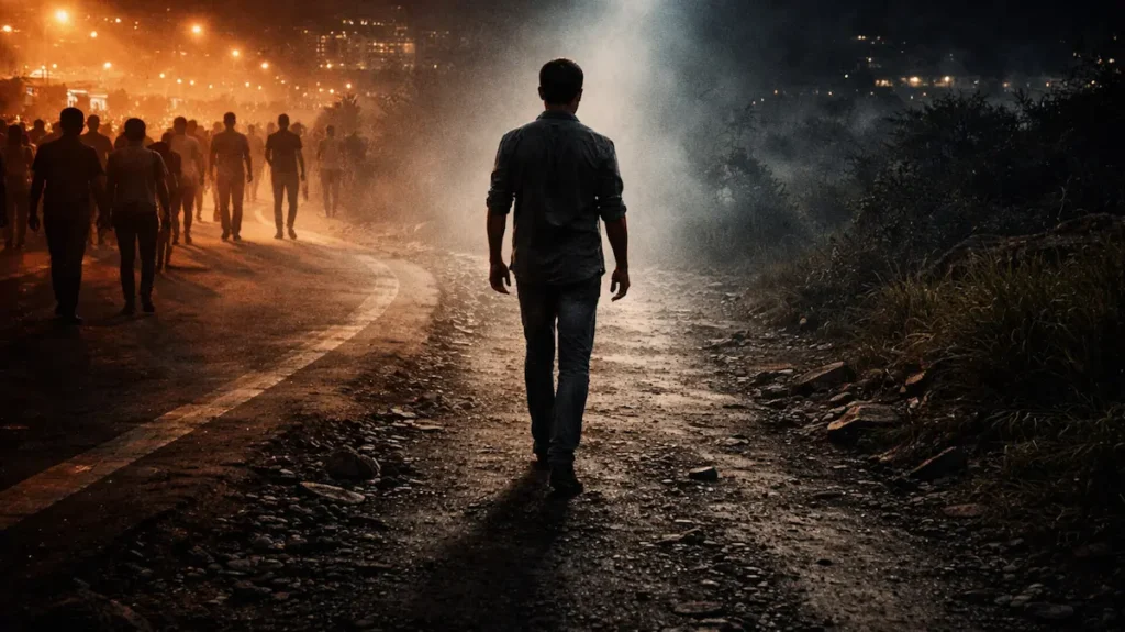 अकेला चलता एक शख़्स, रोशन भीड़ से दूर अपने रास्ते पर बढ़ता हुआ