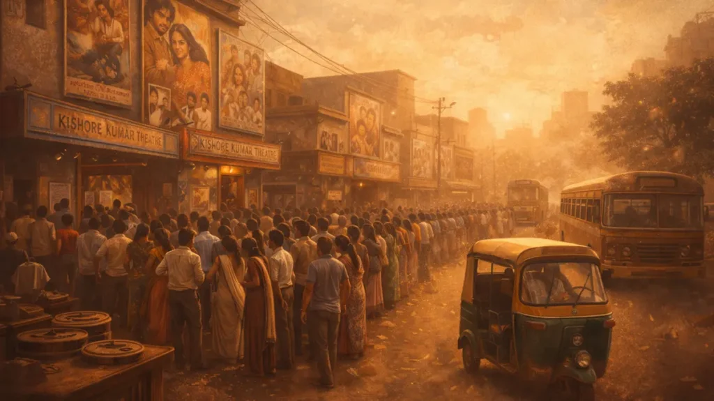 अस्सी के दशक की पुरानी सिंगल-स्क्रीन सिनेमा हॉल के बाहर टिकट की कतारें