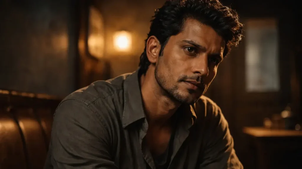 मद्धम रोशनी में बैठे एक युवा अभिनेता का संजीदा और सोच में डूबा चेहरा