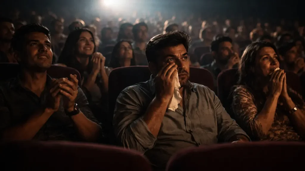 थिएटर में ताली और आंसुओं के बीच डूबे चेहरे