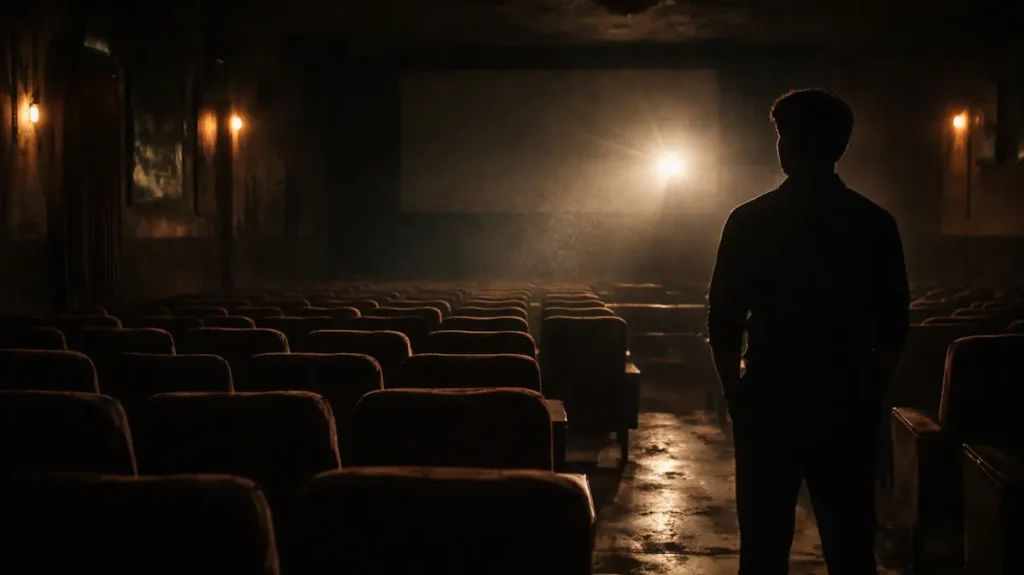 खाली सिंगल स्क्रीन थिएटर में अकेला स्टाफ सदस्य
