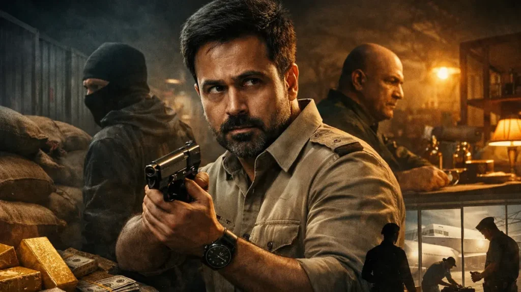 कम रोशनी वाले गोदाम में खड़ा एक गंभीर मिज़ाज आदमी हाथ में पिस्टल लिए सतर्क नज़र आता हुआ, पीछे तस्करी का माल, नकाबपोश लोग और हवाई अड्डे की तलाशी का माहौल दिखाई देता है