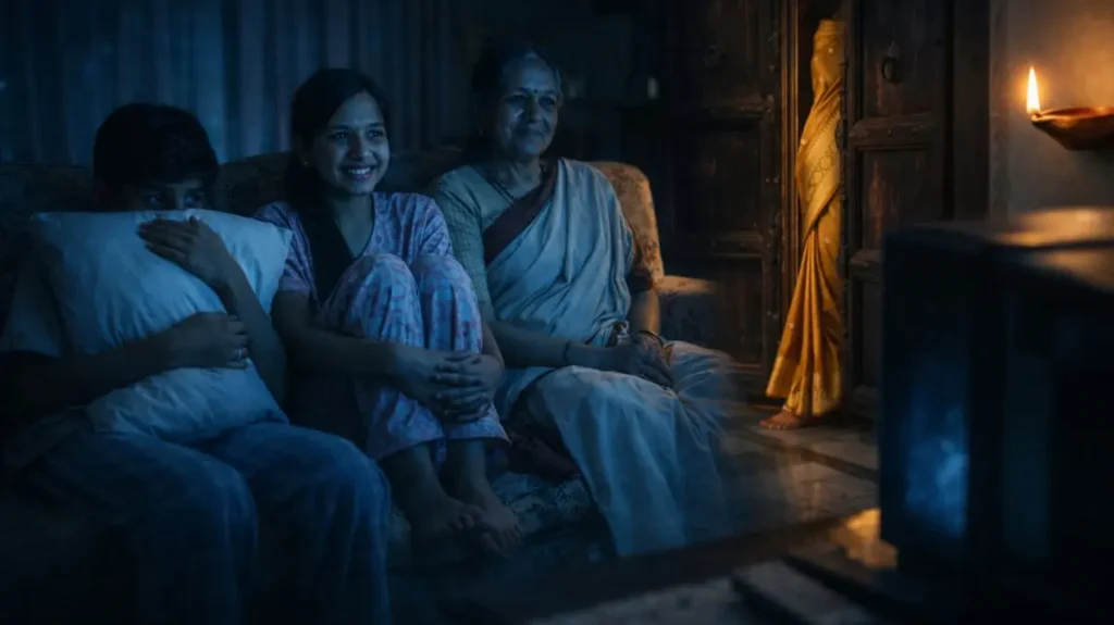 रात में साथ बैठकर डरावनी फिल्म देखते परिवार का हल्का डर और सुकून भरा लम्हा