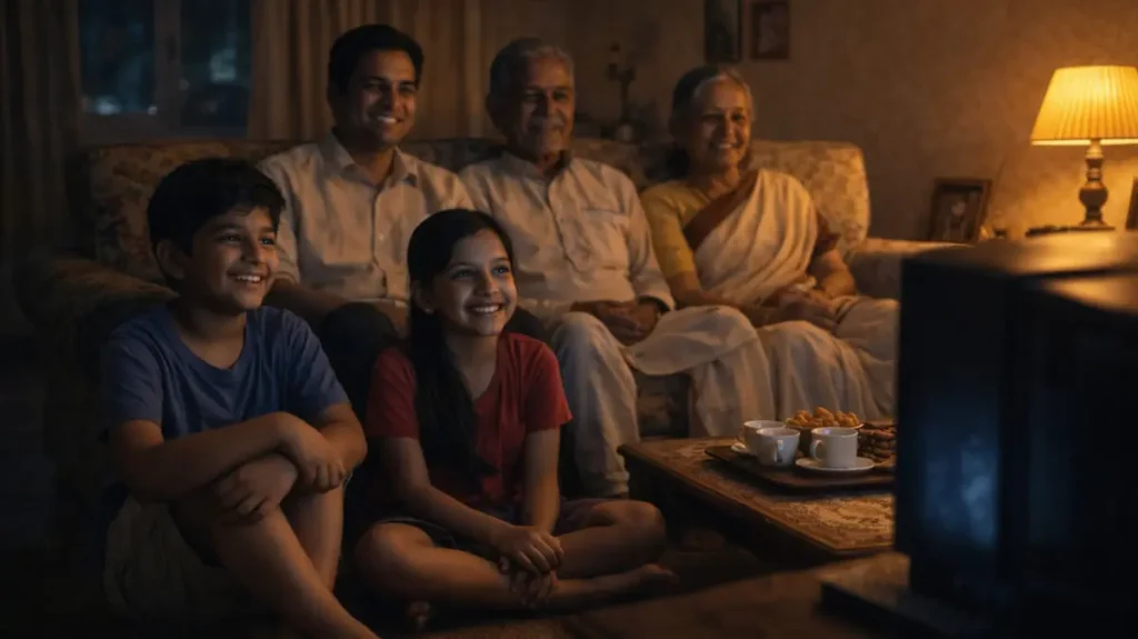 टीवी के सामने साथ बैठकर फिल्म देखता एक भारतीय परिवार, बचपन की यादों भरा सुकून वाला पल