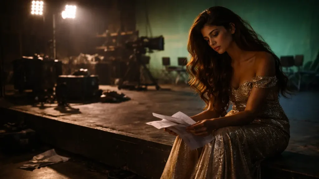 खाली फिल्म सेट पर स्क्रिप्ट पकड़े बैठी एक अभिनेत्री, लंबे शूट के बाद थकी हुई नज़र आती हुई