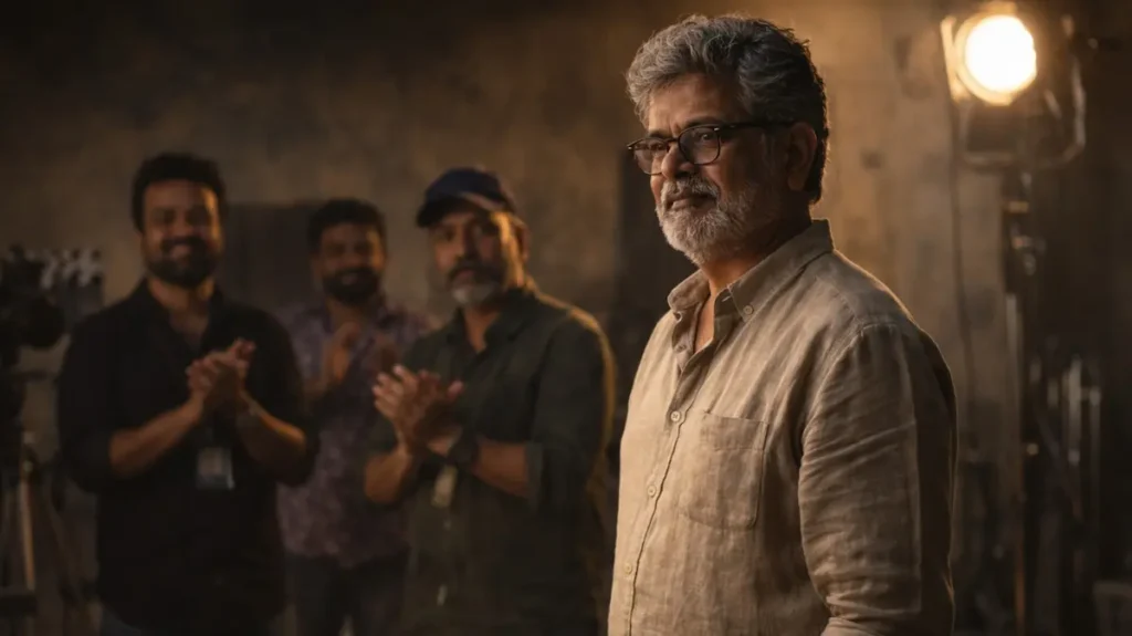 फ़िल्म सेट पर खड़ा एक किरदार अभिनेता, पीछे टीम की तवज्जो के साथ