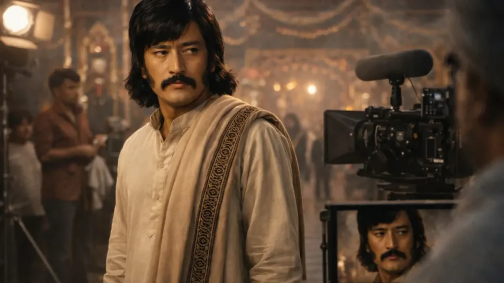 फिल्म सेट पर खड़ा एक गंभीर मिज़ाज किरदार, जिसकी गहरी निगाहों में रहस्य और रौब झलकता है