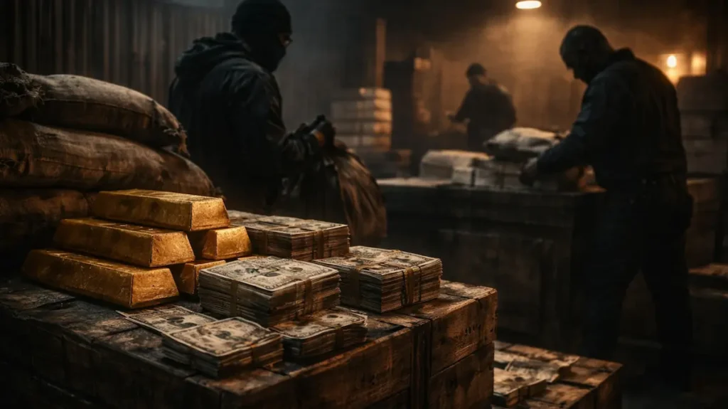 अंधेरे गोदाम में सोने की ईंटें और पैसों की गड्डियाँ, पीछे नकाबपोश लोग