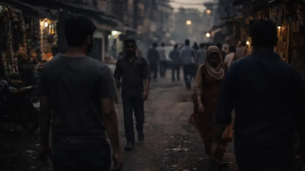 सांझ के वक़्त शहर की तंग गली में चलते आम लोग, फीकी रौशनी और सख़्त माहौल