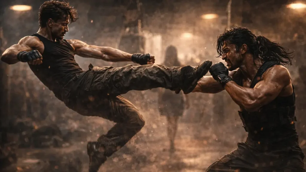 ट्रेनिंग के दौरान आमने-सामने हाथों से लड़ते दो एक्शन फाइटर्स