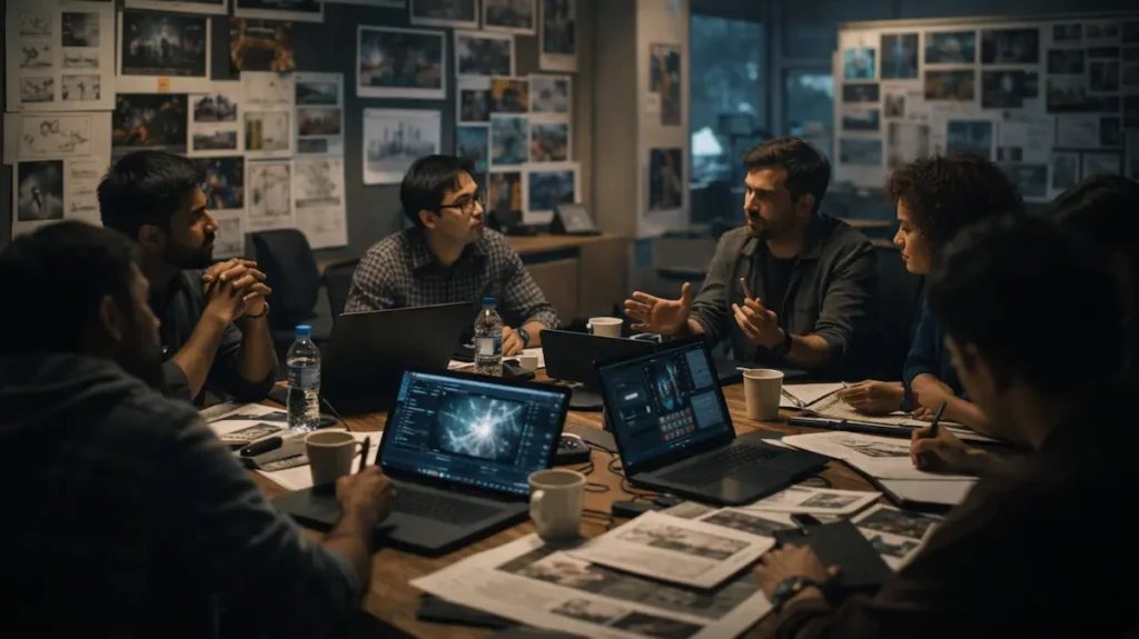 हॉलीवुड वीएफएक्स मीटिंग में क्रिएटिव चर्चा करती टीम