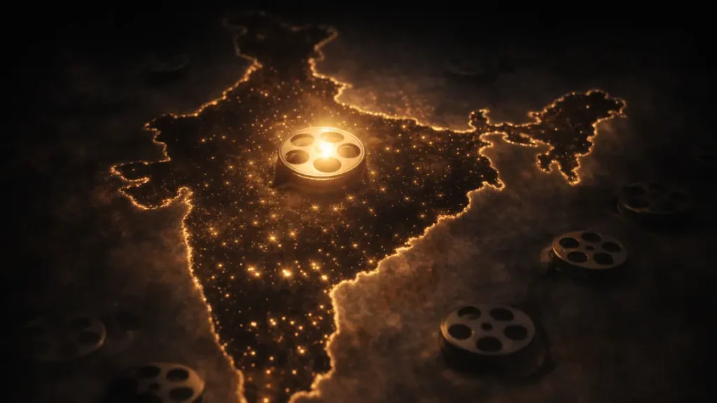 रोशनी और साये से बनी भारत की शक्ल, बीच में चमकता फ़िल्म रील