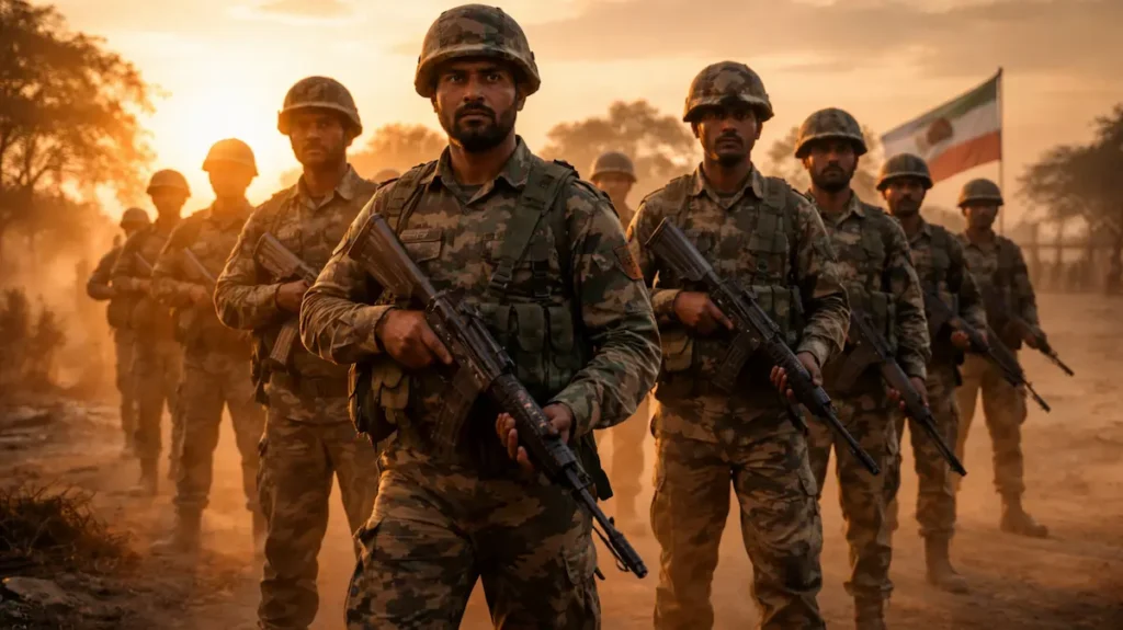 सूरज ढलते वक़्त बॉर्डर पर खड़े भारतीय फौजी