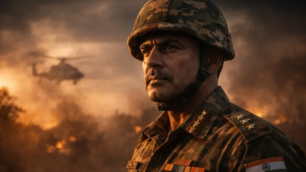 युद्धभूमि में खड़ा भारतीय सेना का सीनियर अफ़सर