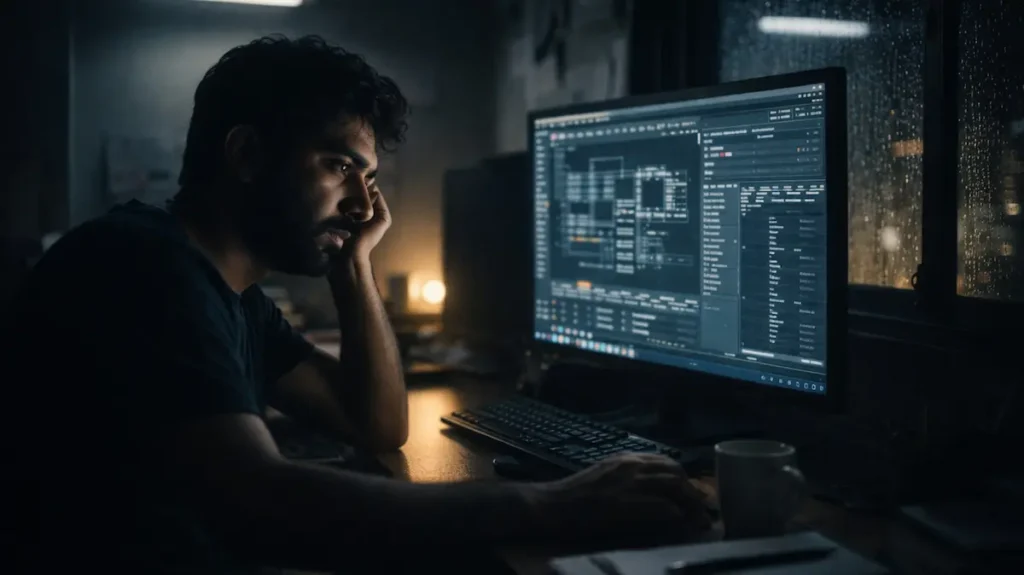 रात में कंप्यूटर पर काम करता भारतीय वीएफएक्स आर्टिस्ट