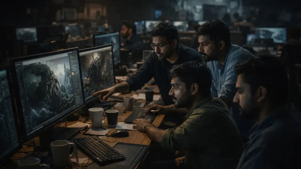 आधुनिक स्टूडियो में मिलकर काम करते भारतीय वीएफएक्स आर्टिस्ट