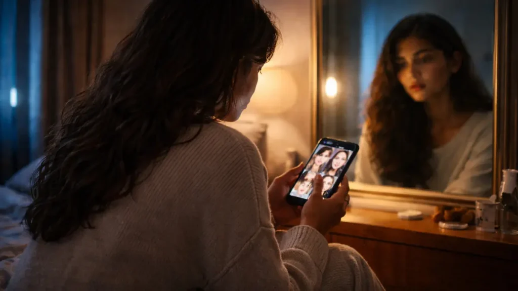 आईने के सामने बैठी लड़की फोन पर परफेक्ट सोशल मीडिया चेहरों को देखती हुई