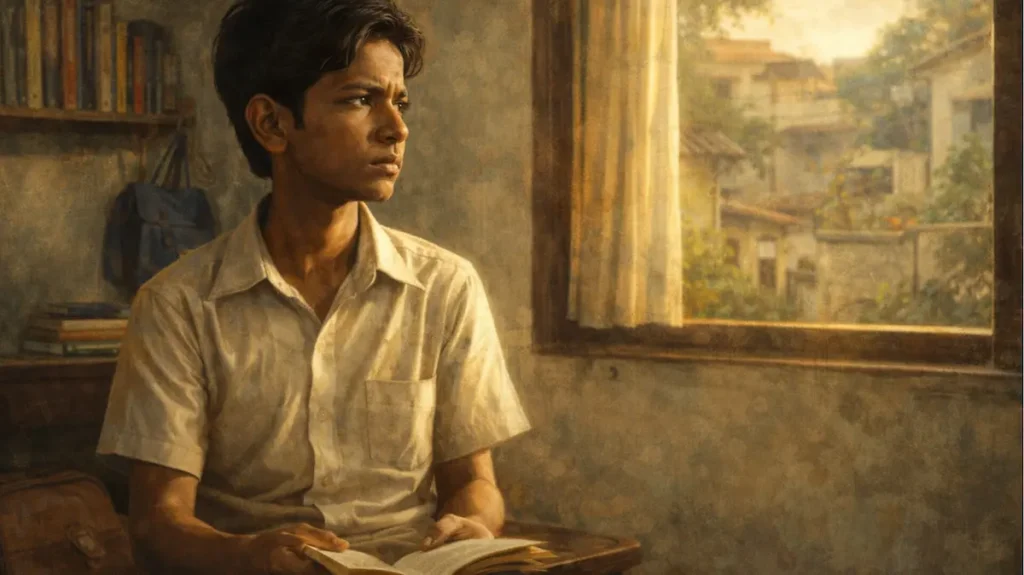 साधारण घर में किताब पढ़ता गंभीर स्वभाव का लड़का