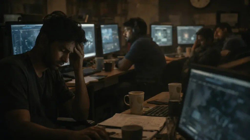रात भर काम करते थके हुए VFX कलाकार