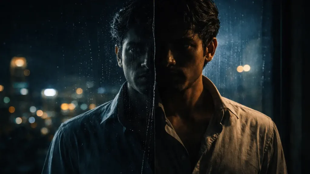 बारिश भरी खिड़की में दो परछाइयों सा दिखता शख़्स, अंदरूनी टकराव का एहसास