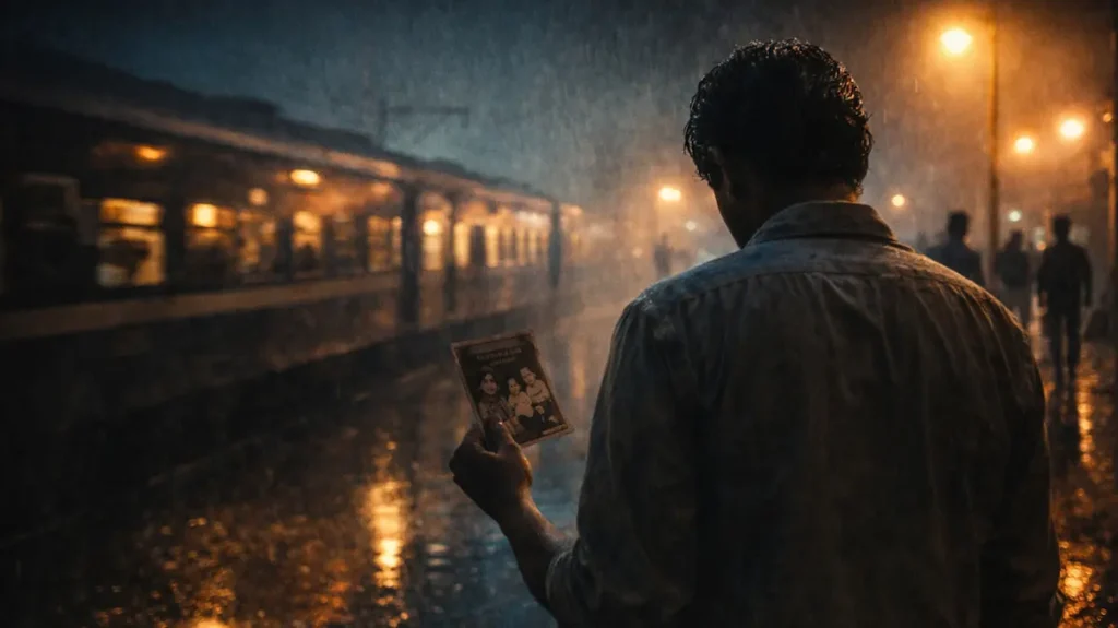 बरसाती प्लेटफॉर्म पर खड़ा शख़्स, हाथ में पुरानी तस्वीर, टूटन का एहसास