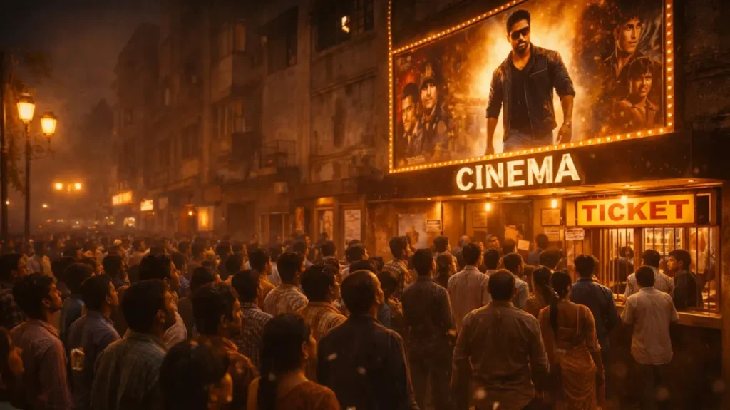 सिनेमा हॉल के बाहर नई मसाला फिल्म के लिए जमा उत्साही दर्शक