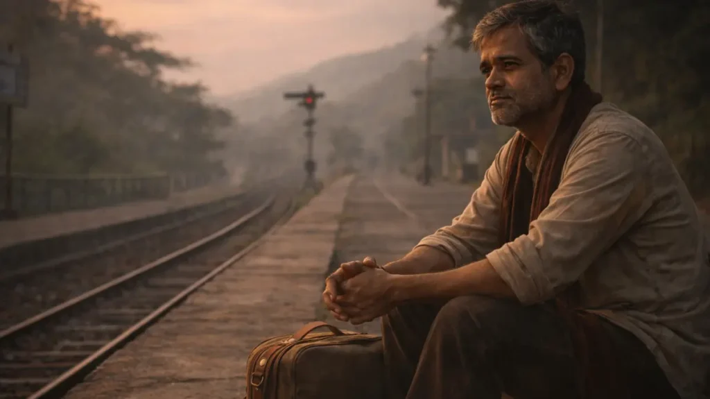 शांत जगह पर बैठा आत्मचिंतन करता एक भारतीय अभिनेता