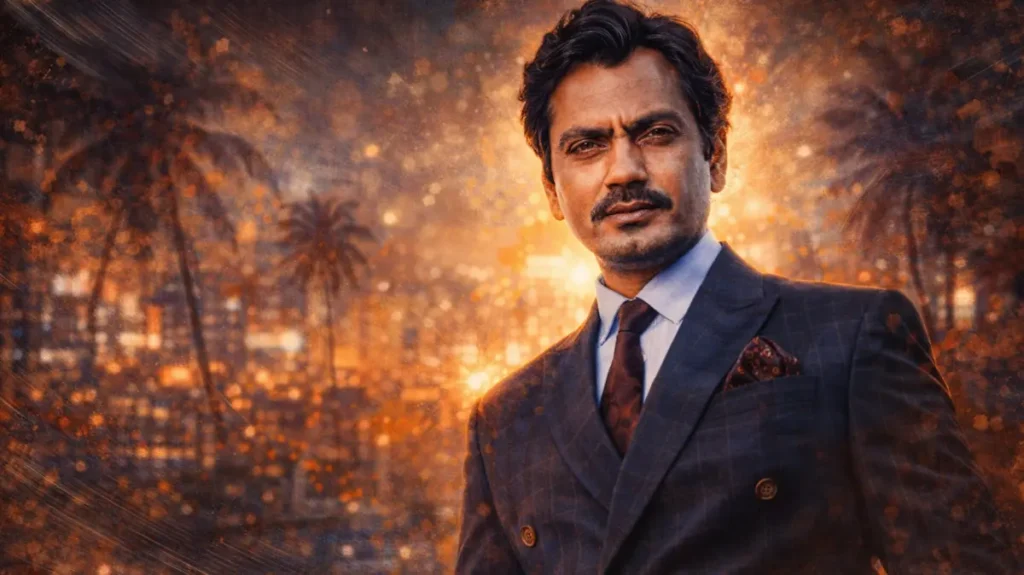 सिनेमैटिक बैकग्राउंड में नवाज़ुद्दीन सिद्दीकी का गंभीर पोर्ट्रेट