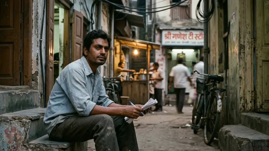 पुरानी गली में बैठा एक संघर्षरत कलाकार अपने ख्वाबों के बारे में सोचता हुआ