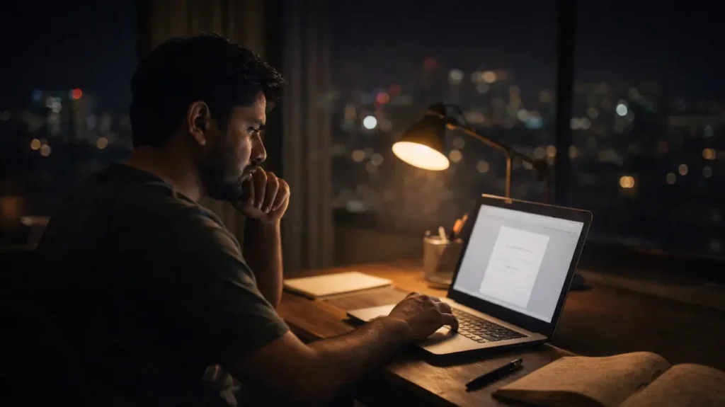 रात के वक़्त मेज़ पर बैठा लेखक, लैपटॉप स्क्रीन पर कहानी गढ़ता हुआ