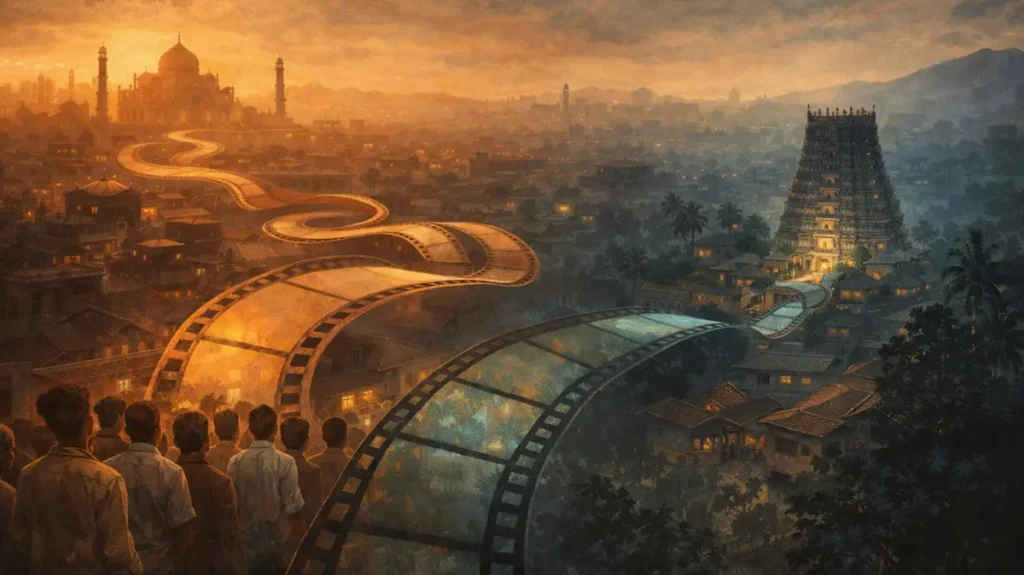 उत्तर से दक्षिण की ओर बहती फ़िल्म रीलें, सिनेमा की सोच और रिवायतों का सफ़र दिखाती प्रतीकात्मक तस्वीर