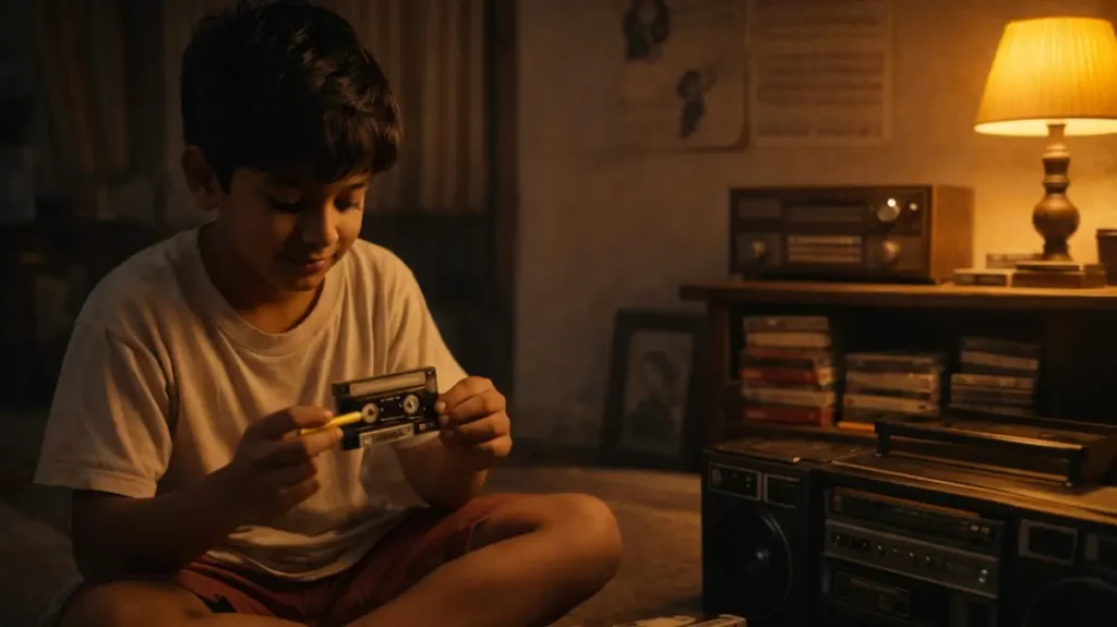 पुराने कैसेट प्लेयर के पास बैठा बच्चा पेंसिल से टेप ठीक करते हुए, बचपन की धुनों की यादों वाला लम्हा