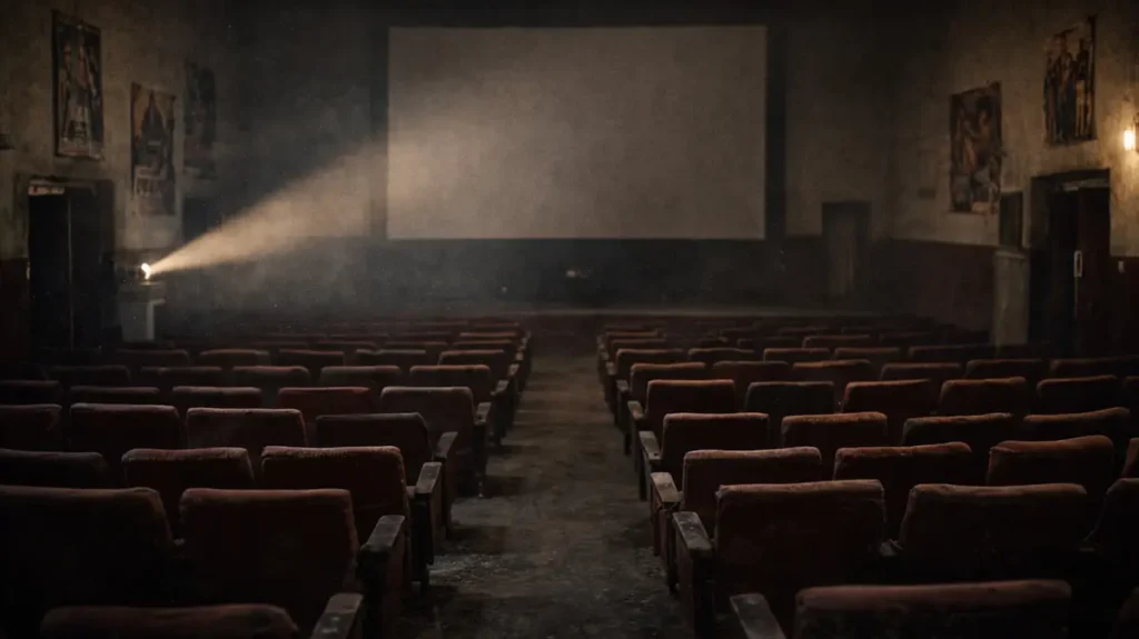 ख़ाली सिंगल-स्क्रीन सिनेमा हॉल, धूल भरी प्रोजेक्टर रौशनी और पुराने लाल सीटें