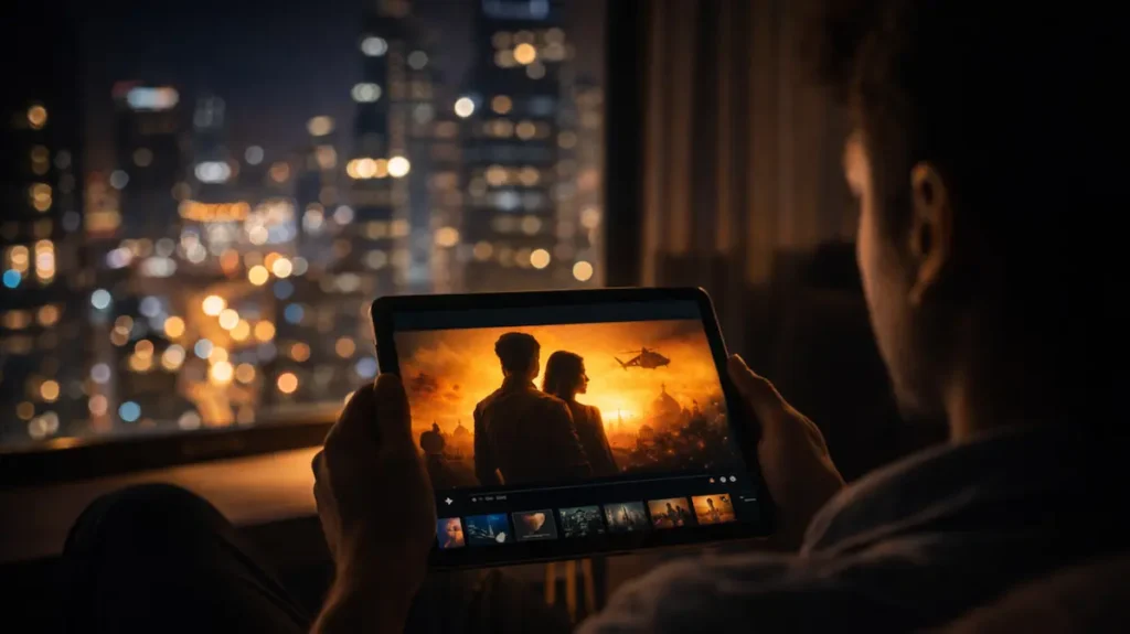 रात में टैबलेट पर फ़िल्म देखते हुए दर्शक