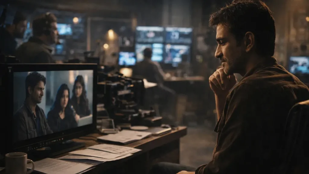 मॉनिटर पर सीन देखते हुए गहरी सोच में डूबा एक अभिनेता