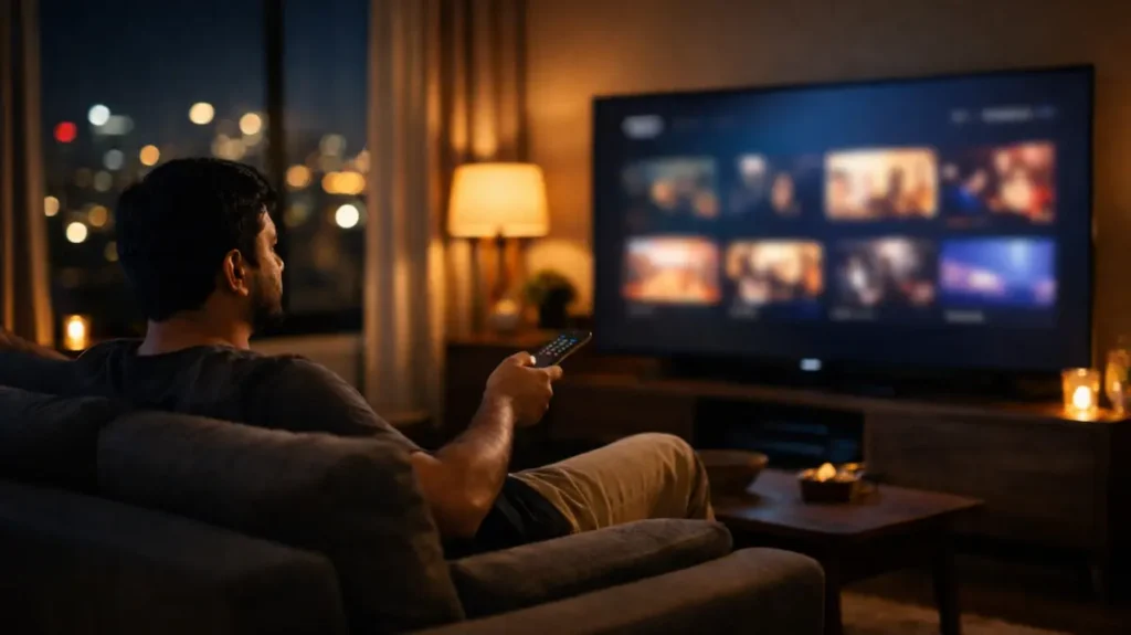 रात के वक़्त सोफ़े पर बैठा शख़्स, रिमोट हाथ में लिए चमकती टीवी स्क्रीन देखता हुआ