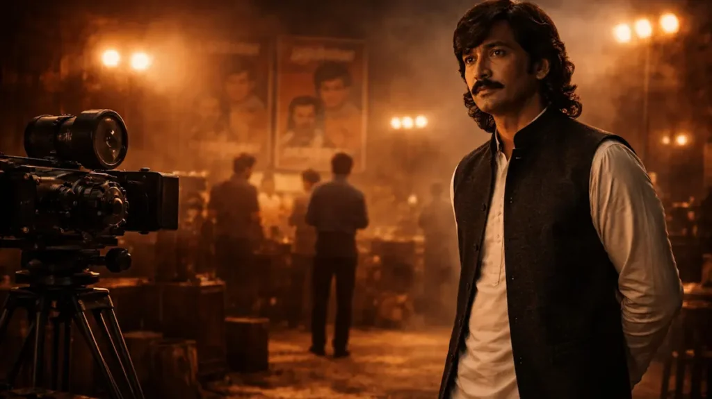 फिल्म सेट के सन्नाटे में खड़ा एक गंभीर मिज़ाज कलाकार, जिसकी निगाहों में शोहरत के साथ दूर की सोच झलकती है
