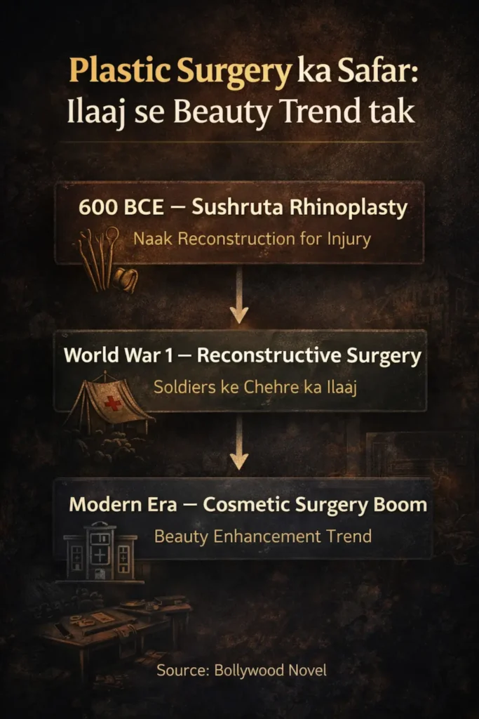 प्लास्टिक सर्जरी के इतिहास को दिखाता एक विज़ुअल टाइमलाइन चार्ट
