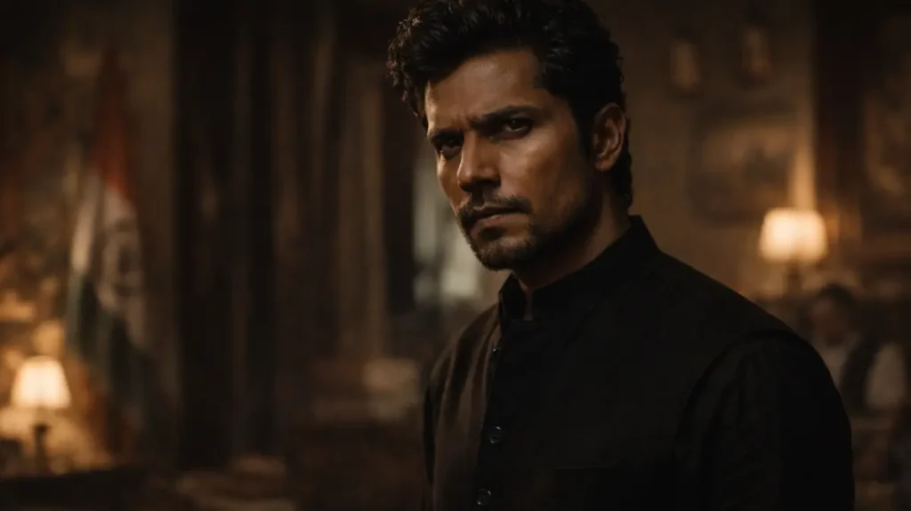 मद्धम रोशनी में खड़ा एक सख़्त और असरदार गैंगस्टर अंदाज़