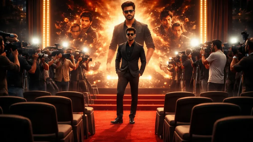 रेड कार्पेट पर खड़ा अभिनेता और कैमरों की चमक के बीच खाली कुर्सियाँ