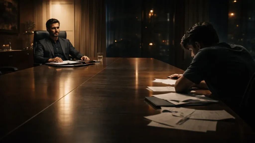 मीटिंग टेबल के दो सिरों पर बैठा प्रोड्यूसर और दबाव में झुका वीएफएक्स आर्टिस्ट