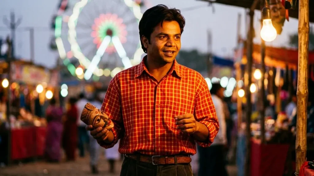 मेले के माहौल में खड़ा एक मासूम अंदाज़ वाला कॉमिक कलाकार लोगों को मुस्कुराने पर मजबूर करता हुआ
